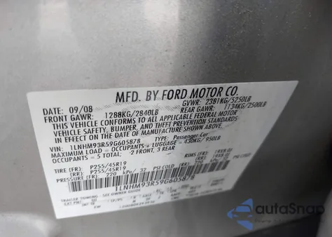 2009 Lincoln Mks z USA, uszkodzony, nr VIN 1LNHM93R59G605878